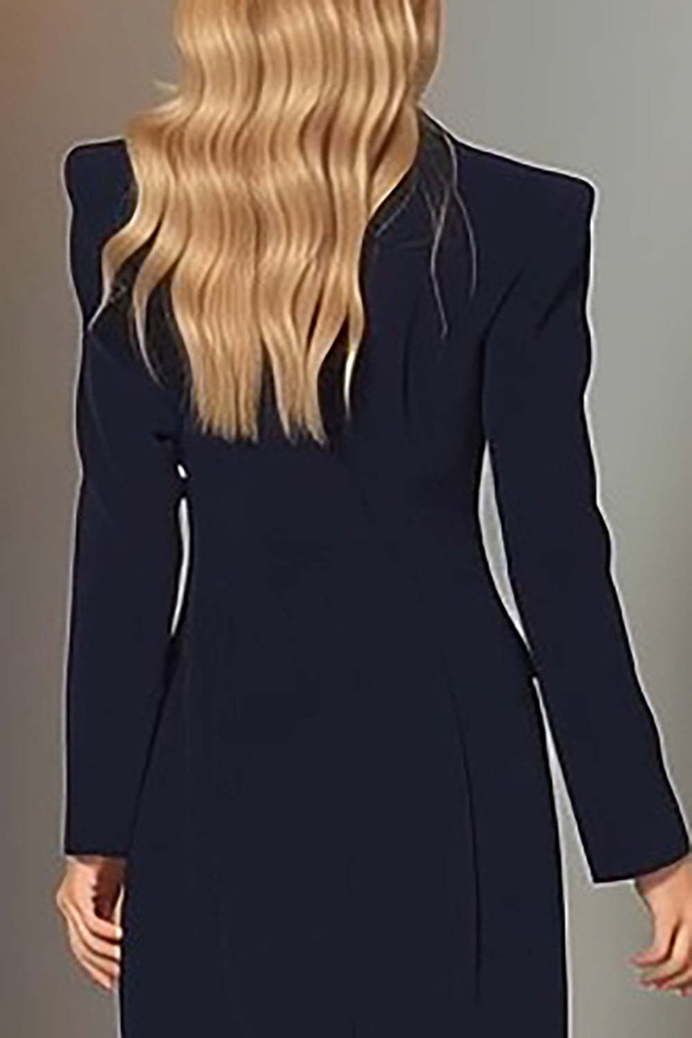 Navy Single Breasted Peak Lapel Long Sheath Blazer Dress with Slit