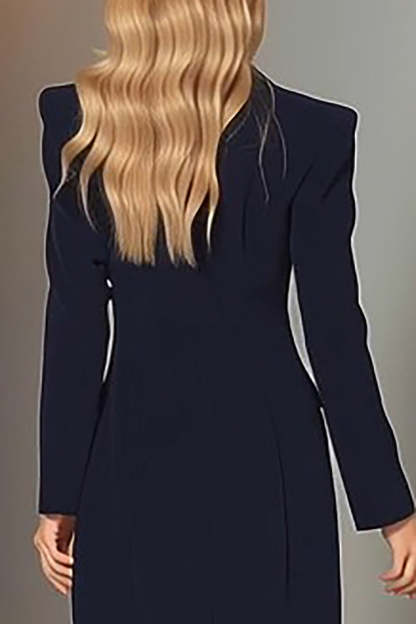 Navy Single Breasted Peak Lapel Long Sheath Blazer Dress with Slit