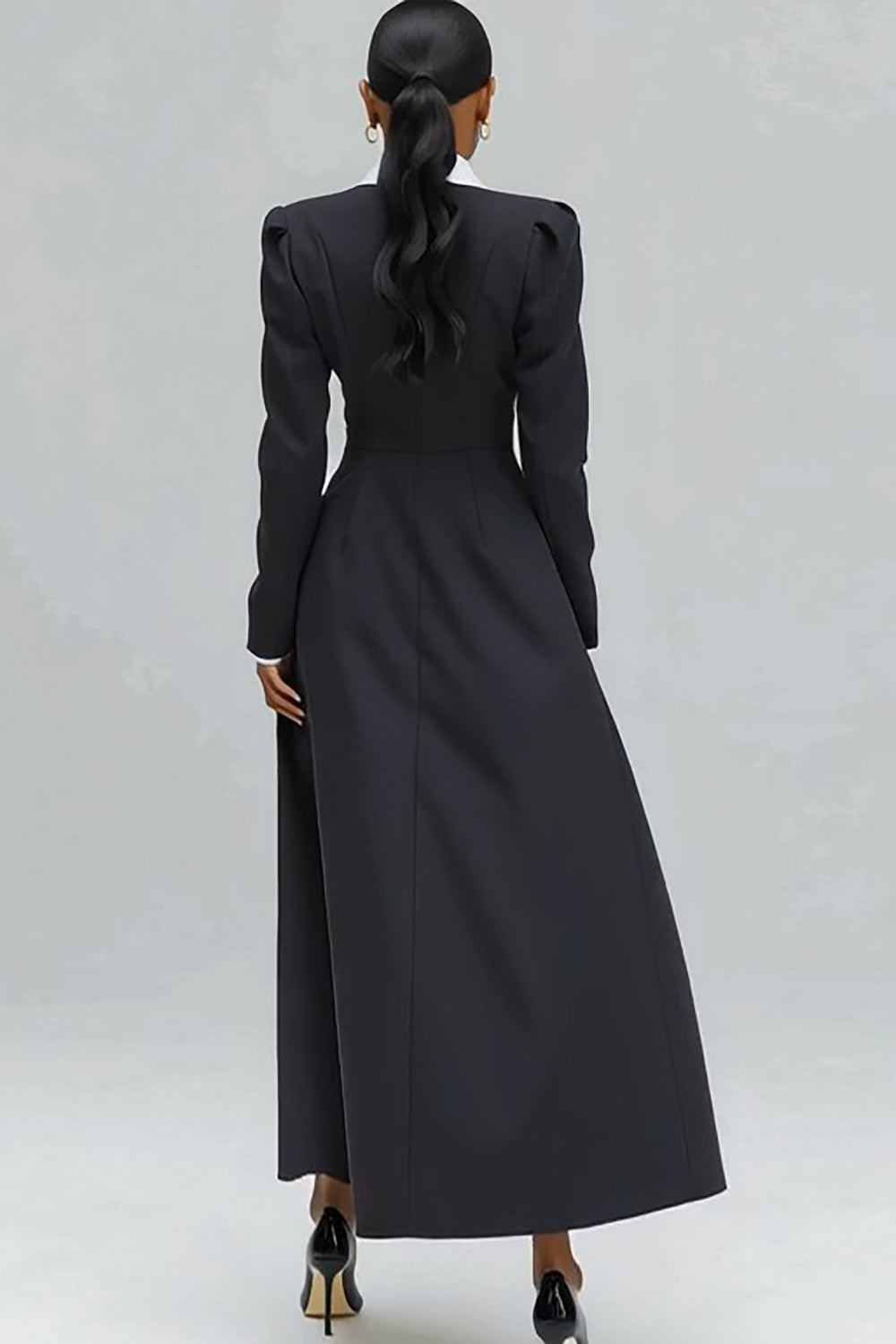 Black Notched Lapel Single Breasted Long Blazer Dress with Slit
