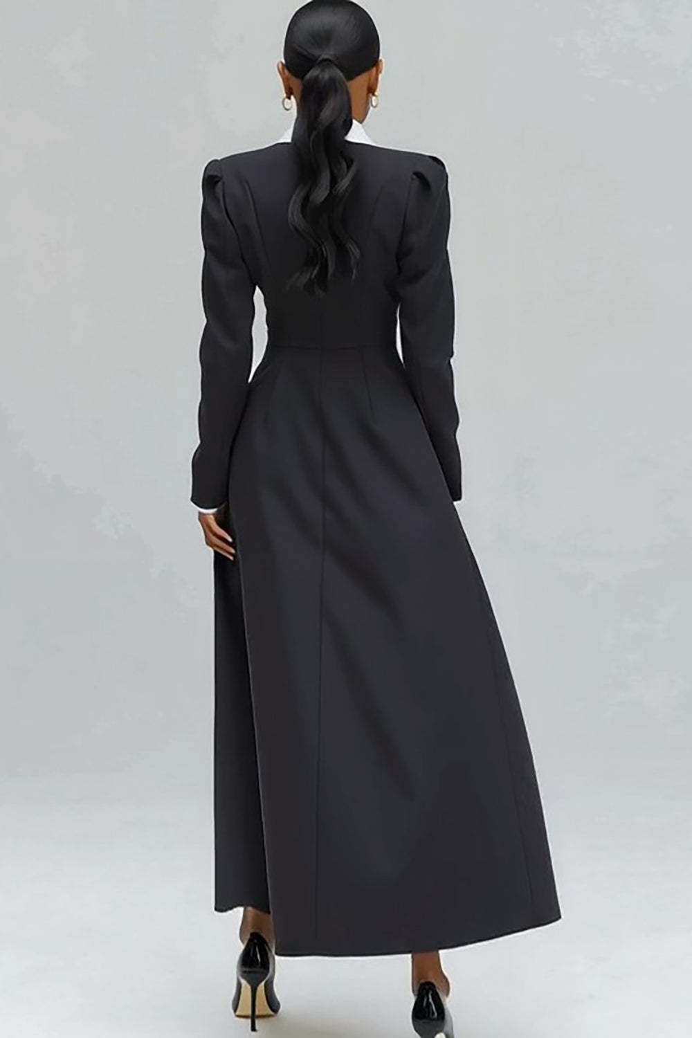 Black Notched Lapel Single Breasted Long Blazer Dress with Slit
