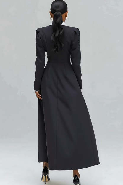 Black Notched Lapel Single Breasted Long Blazer Dress with Slit