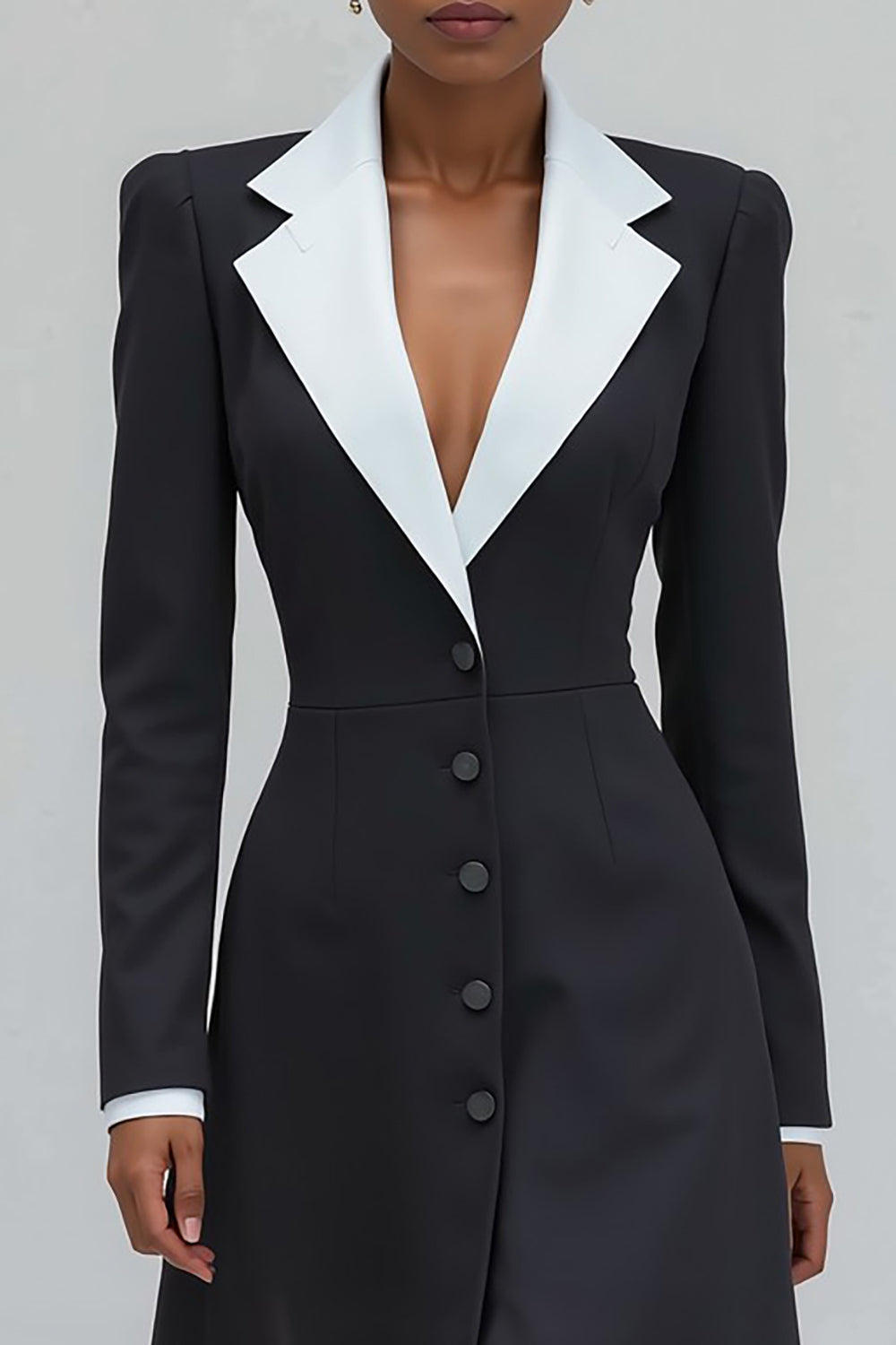 Black Notched Lapel Single Breasted Long Blazer Dress with Slit