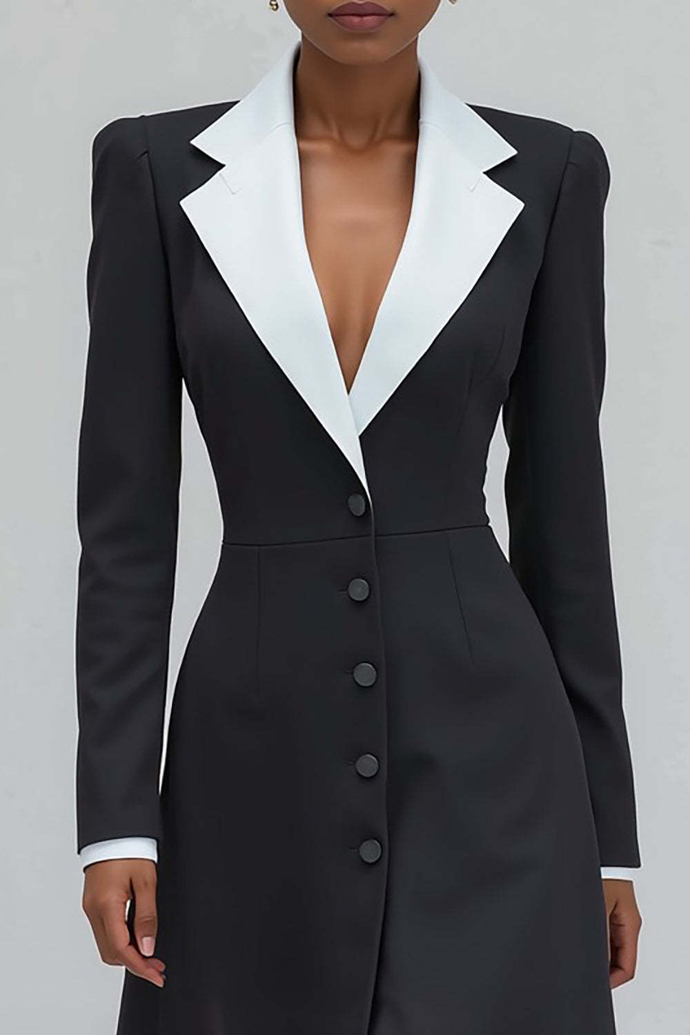 Black Notched Lapel Single Breasted Long Blazer Dress with Slit