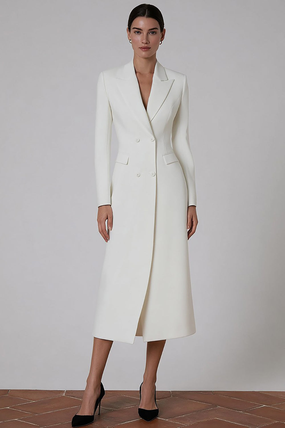 Ivory Peak Lapel Double Breasted Midi Blazer Dress
