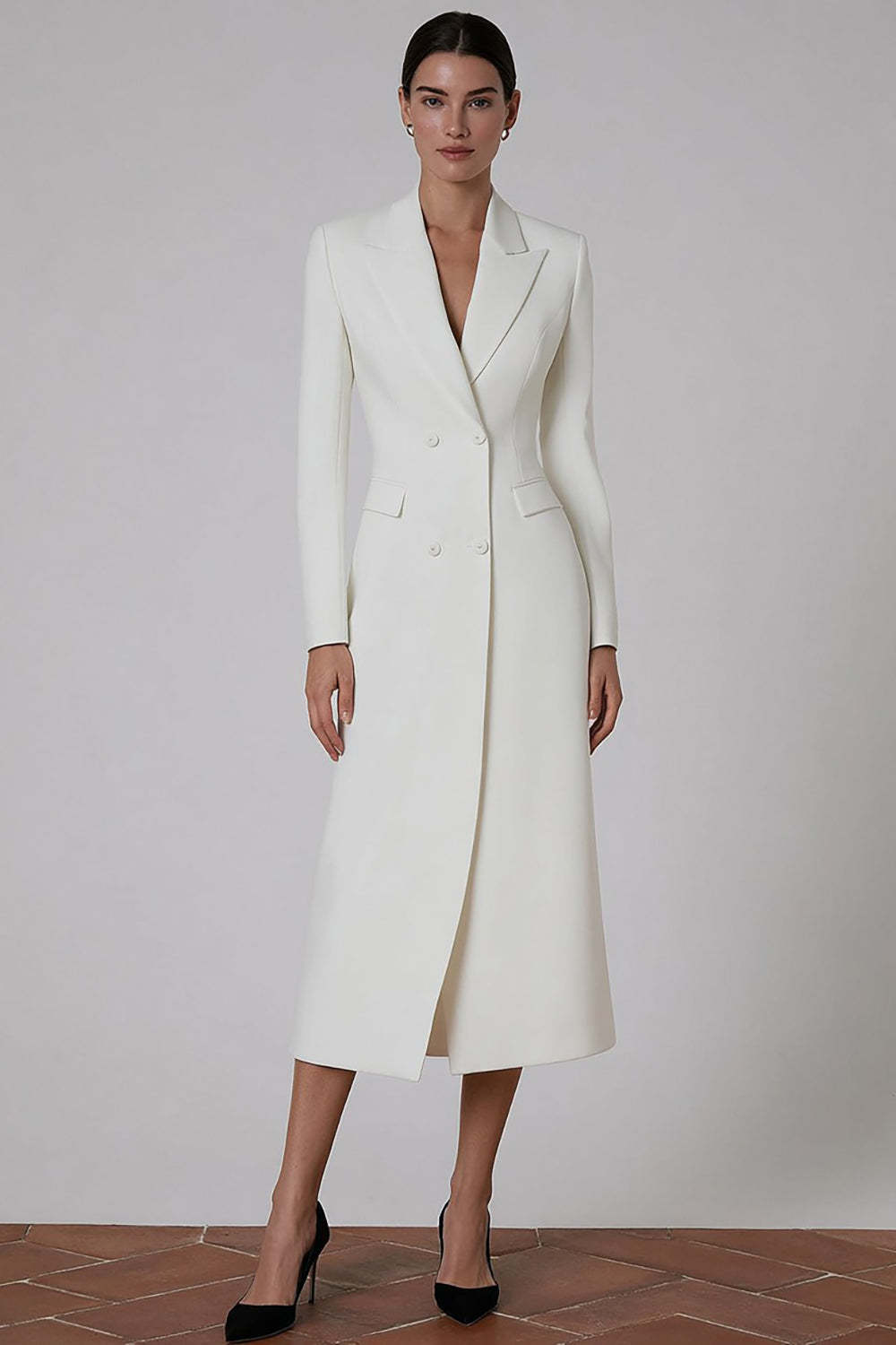Leely Women Ivory Peak Lapel Midi Blazer Dress Sheath Double Breasted Work Dress with Sleeves