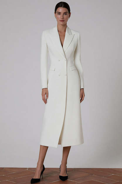 Leely Women Ivory Peak Lapel Midi Blazer Dress Sheath Double Breasted Work Dress with Sleeves