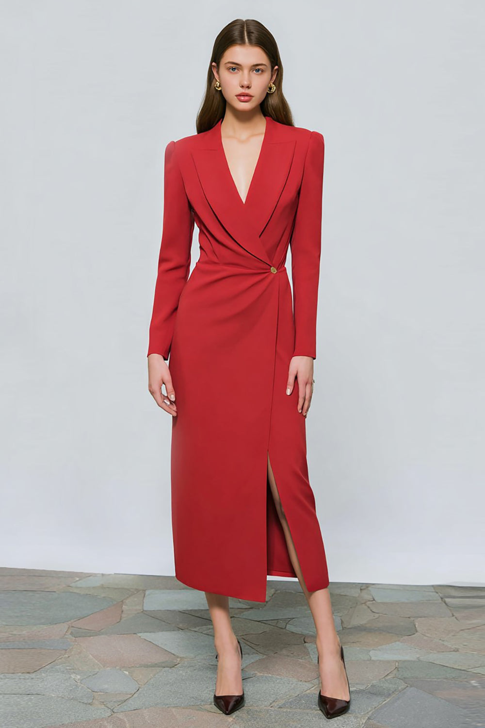 Red One Button Ruched Peak Lapel Midi Blazer Dress with Slit