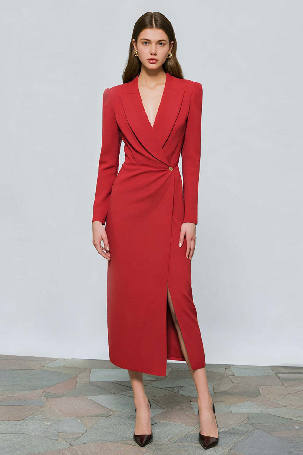 Leely Women Red Midi One Button Blazer Dress with Slit Peak Lapel Ruched Work Dress with Sleeves