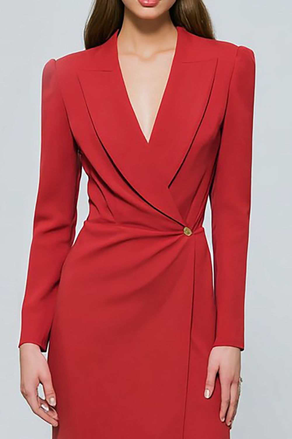 Red One Button Ruched Peak Lapel Midi Blazer Dress with Slit
