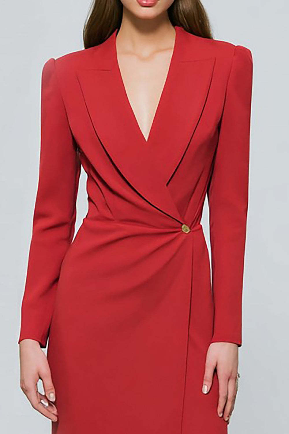 Red One Button Ruched Peak Lapel Midi Blazer Dress with Slit