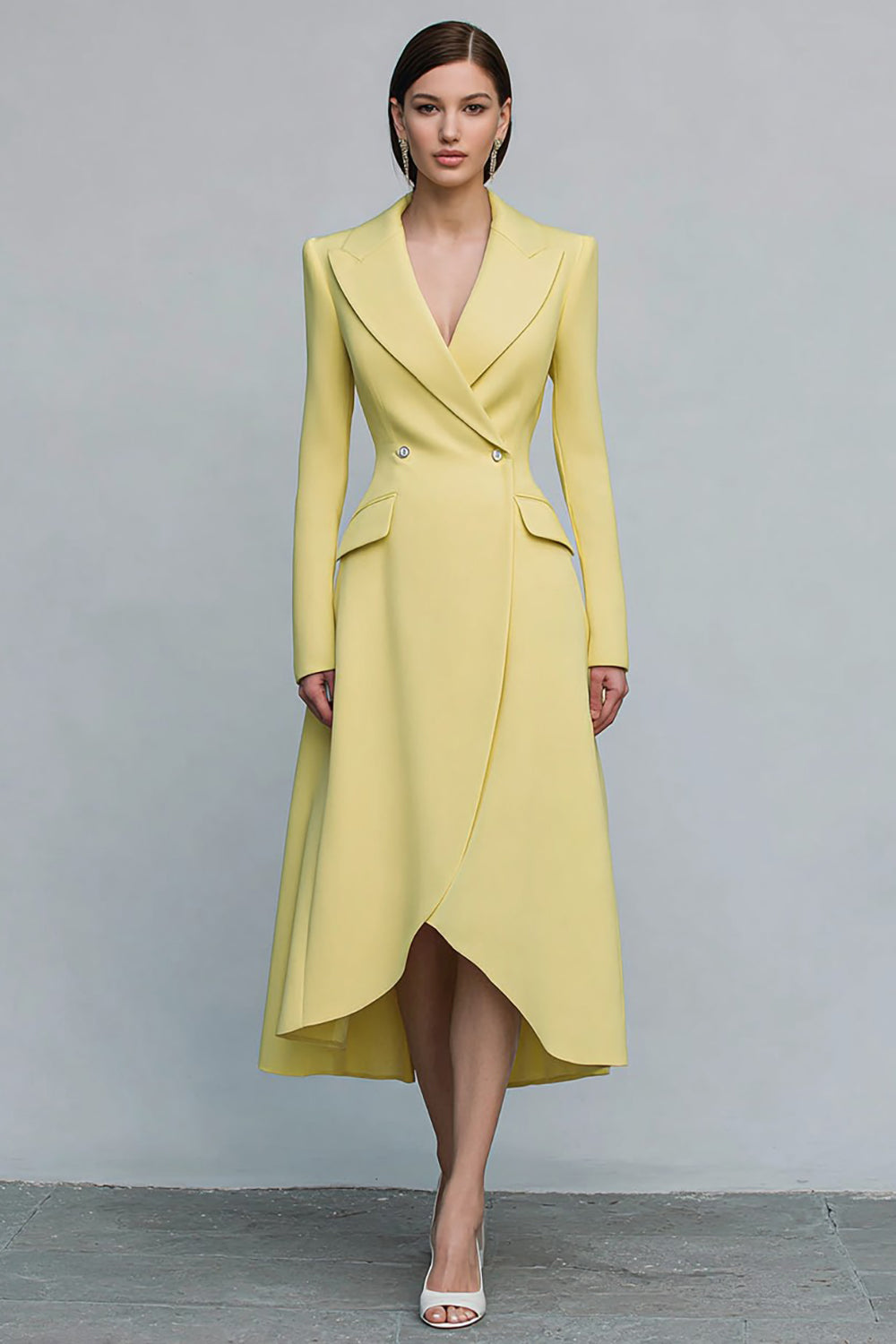 Leely Women Yellow Double Breasted Midi Blazer Dress with Sleeves A-Line Peak Lapel Work Dress with Slit