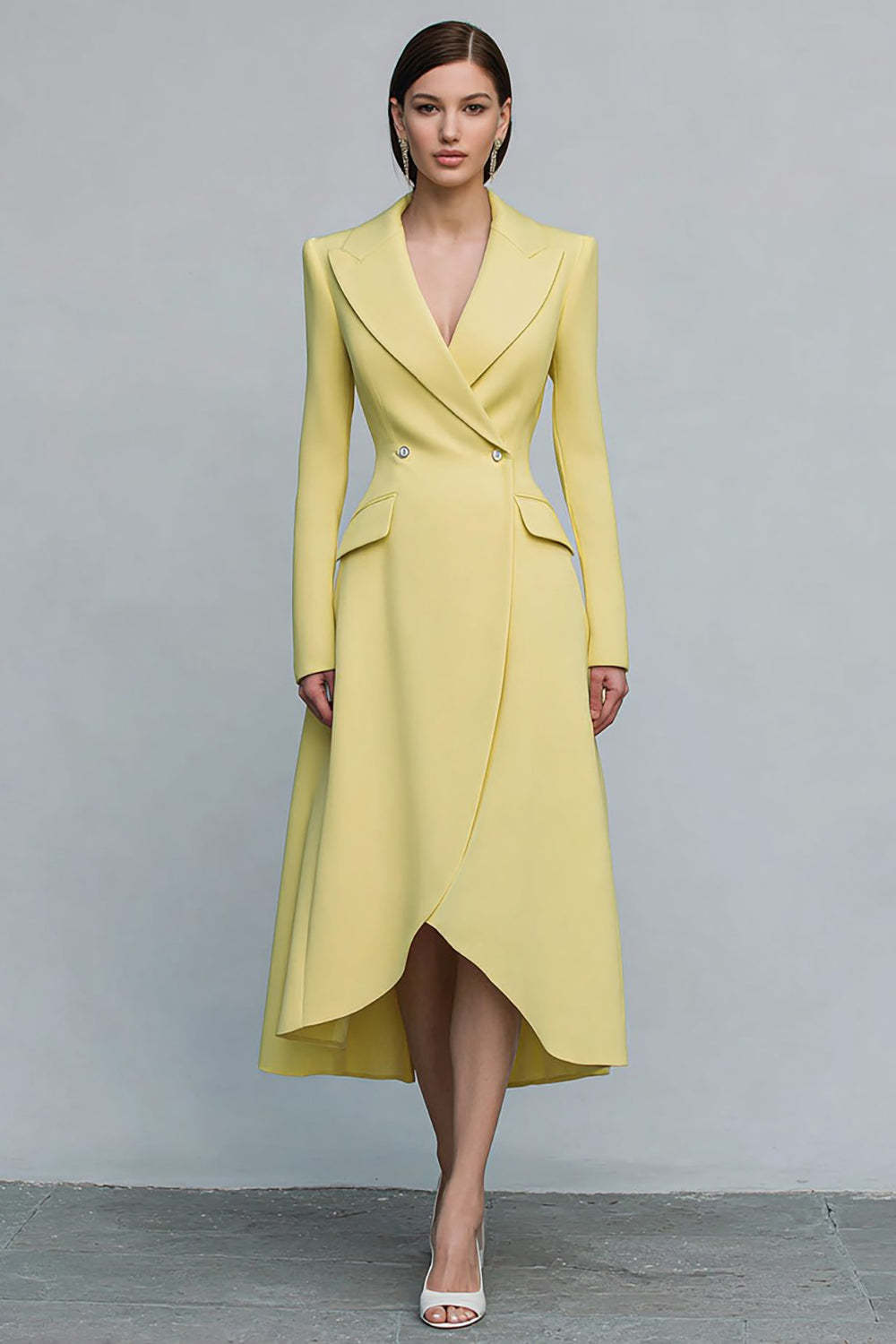 Leely Women Yellow Double Breasted Midi Blazer Dress with Sleeves A-Line Peak Lapel Work Dress with Slit