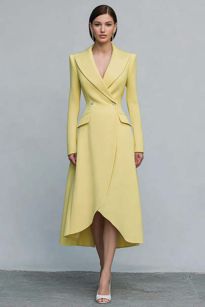 Leely Women Yellow Double Breasted Midi Blazer Dress with Sleeves A-Line Peak Lapel Work Dress with Slit