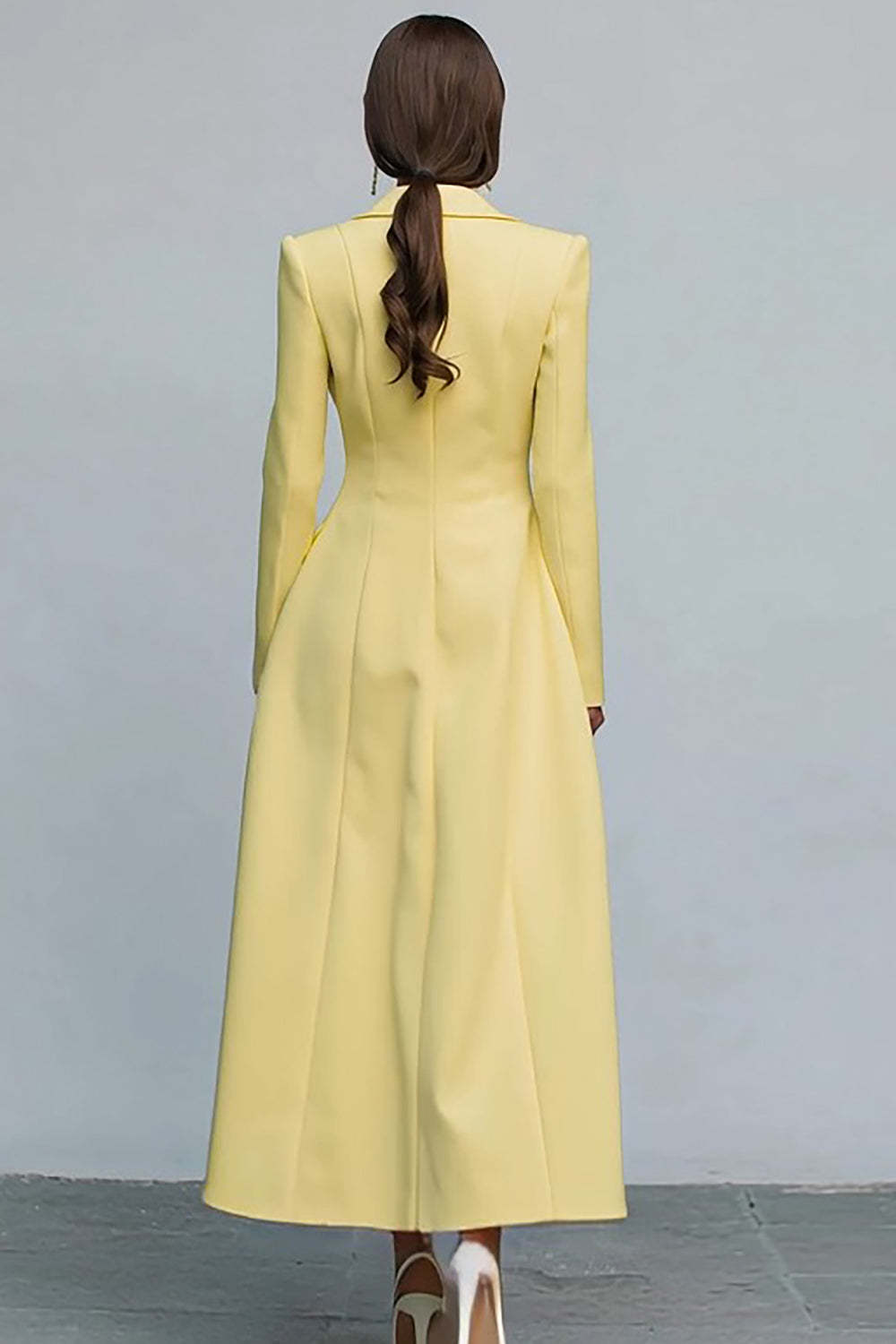 Yellow Peak Lapel Double Breasted Midi Blazer Dress with Sleeves