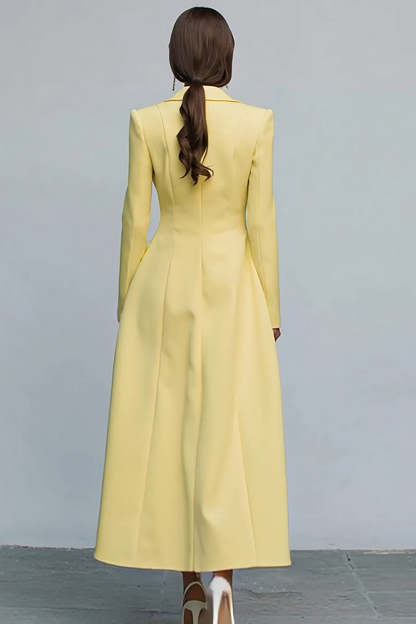 Yellow Peak Lapel Double Breasted Midi Blazer Dress with Sleeves