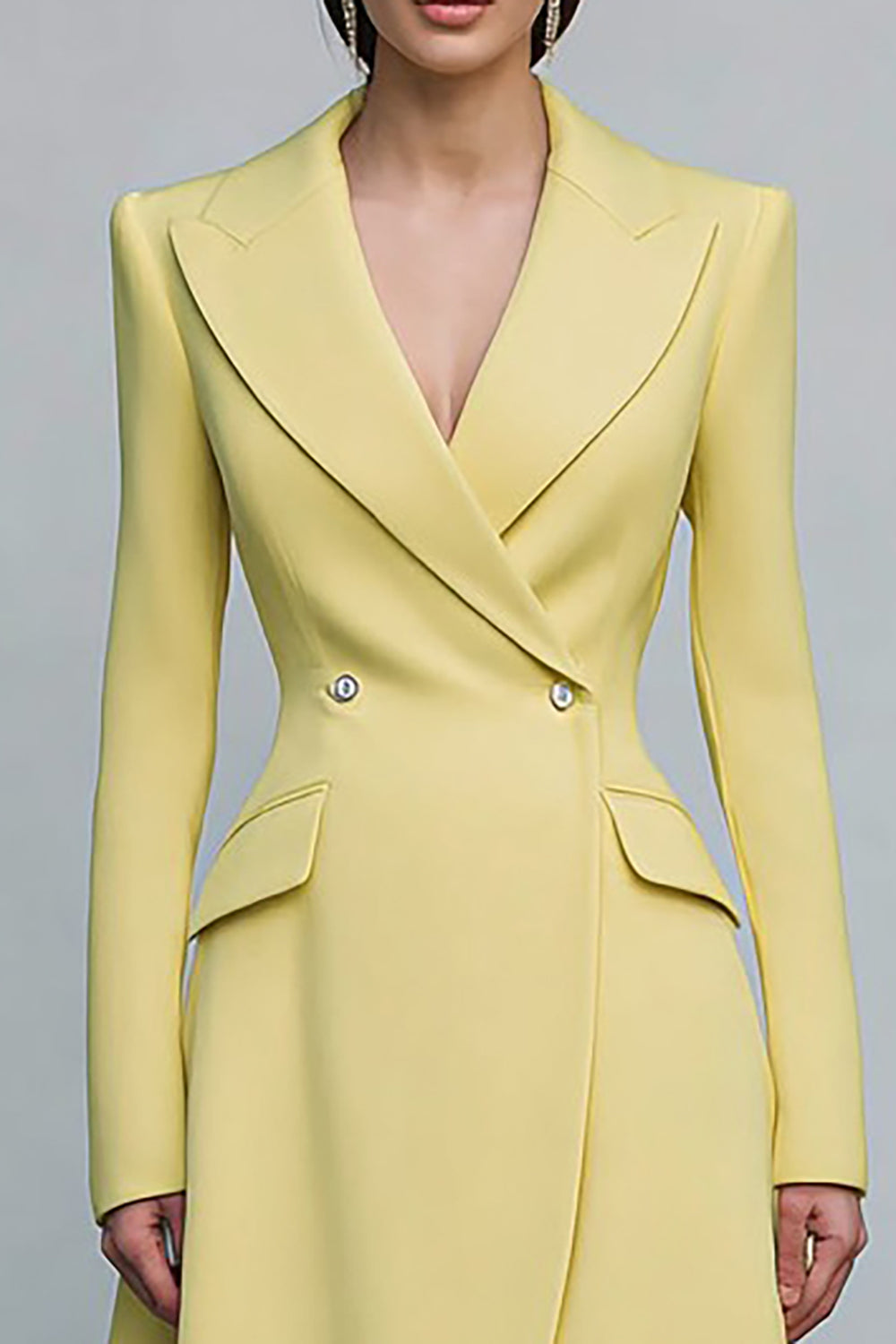 Yellow Peak Lapel Double Breasted Midi Blazer Dress with Sleeves