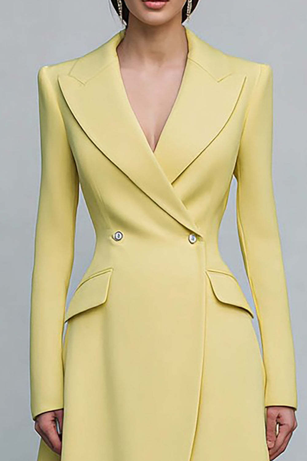 Yellow Peak Lapel Double Breasted Midi Blazer Dress with Sleeves