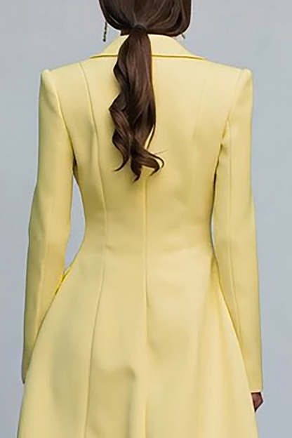Yellow Peak Lapel Double Breasted Midi Blazer Dress with Sleeves
