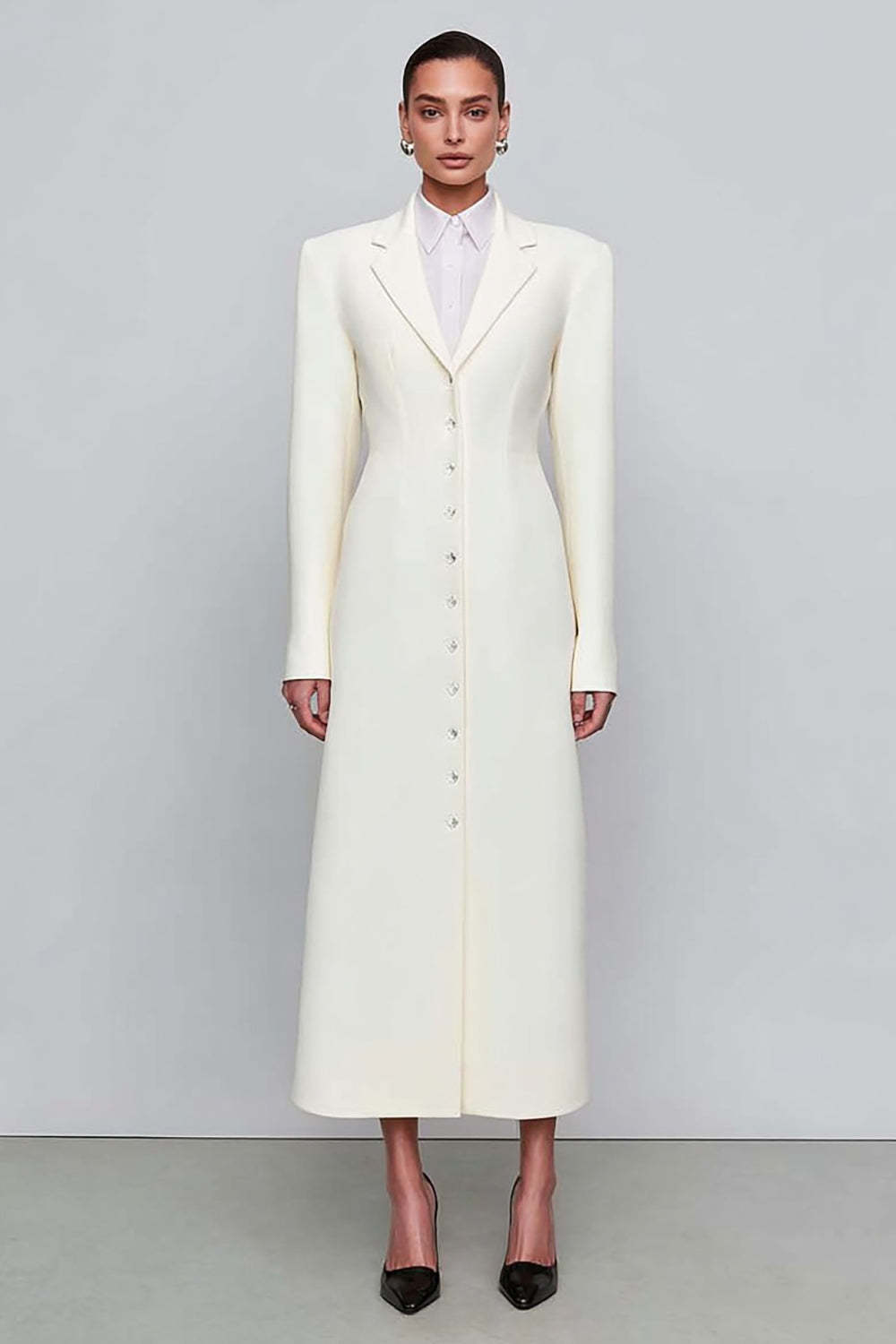 Leely Women Ivory Notched Lapel Long Sleeves Sheath Blazer Dress Single Breasted Work Dress