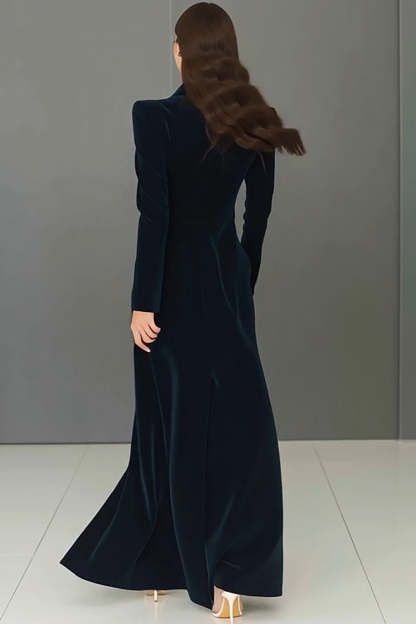 Navy Peak Lapel Velvet Single Breasted Long Blazer Dress with Slit