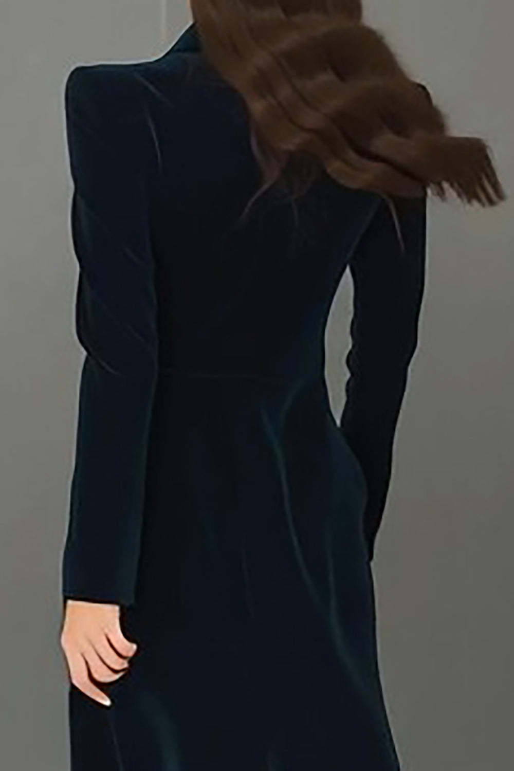 Navy Peak Lapel Velvet Single Breasted Long Blazer Dress with Slit