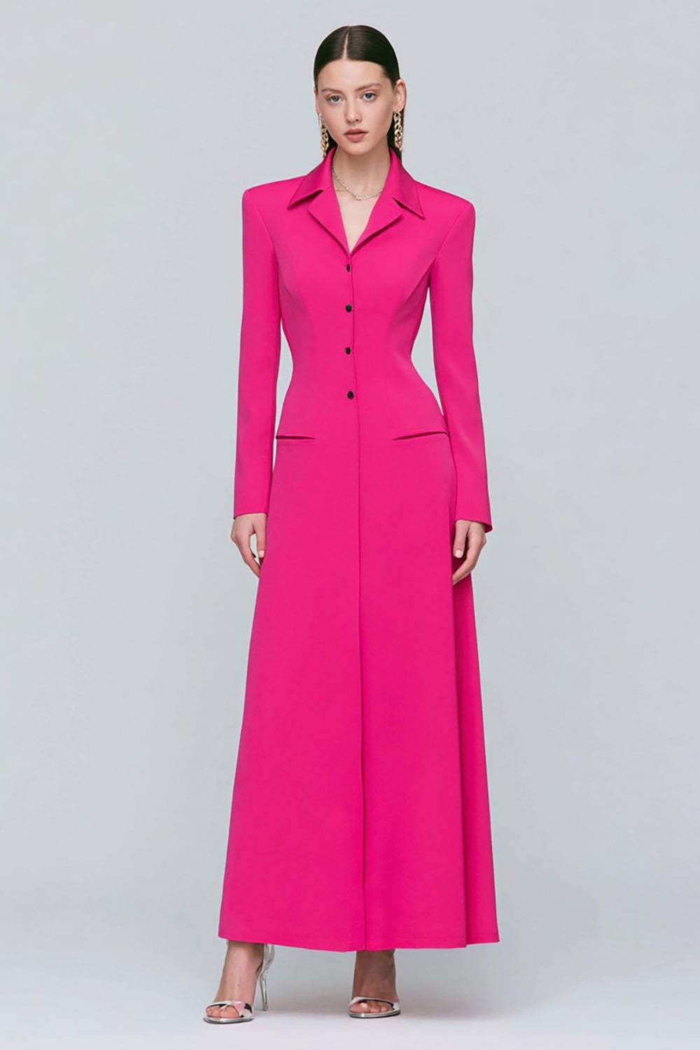 Leely Women Fuchsia Long Peak Lapel Blazer Dress Single Breasted Sheath Work Dress with Sleeves