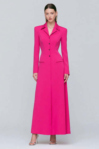 Leely Women Fuchsia Long Peak Lapel Blazer Dress Single Breasted Sheath Work Dress with Sleeves