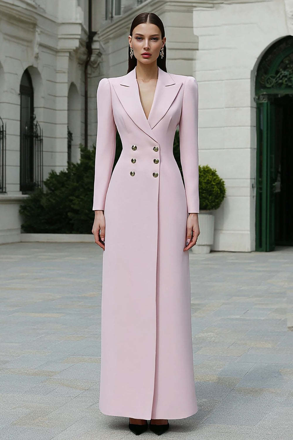 Leely Women Light Pink Peak Lapel Long Sleeves Blazer Dress Double Breasted Sheath Work Dress