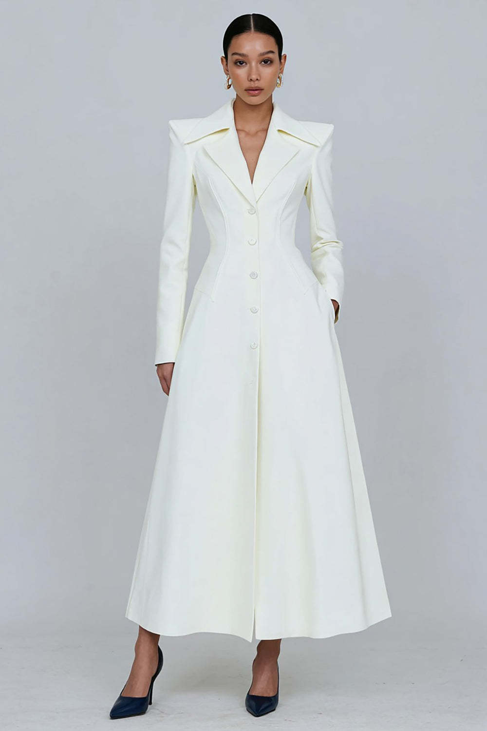 Leely Women Ivory Single Breasted Long Blazer Dress A-Line Notched Lapel Work Dress with Sleeves