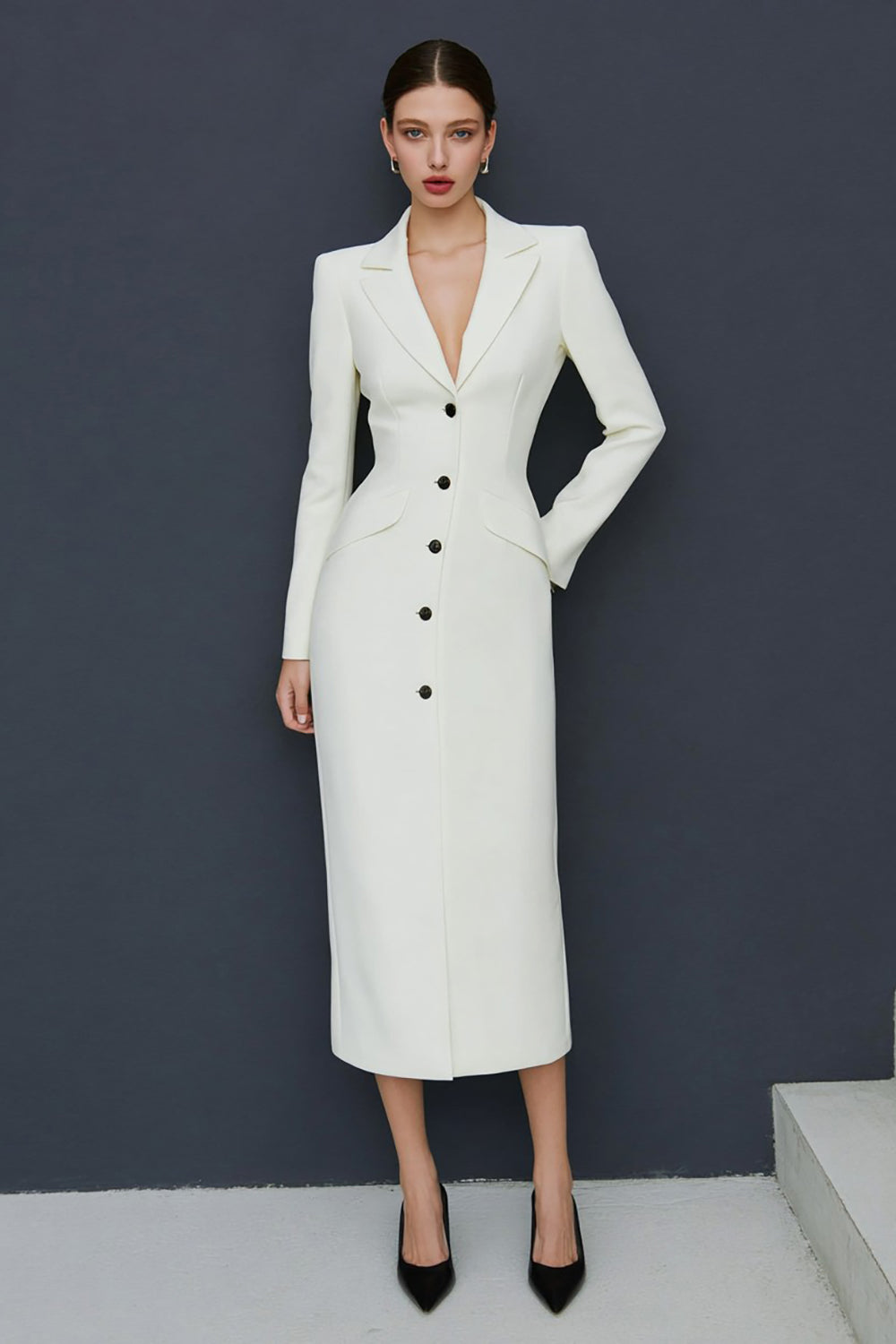 Leely Women Ivory Single Breasted Midi Blazer Dress with Sleeves Bodycon Notched Lapel Work Dress
