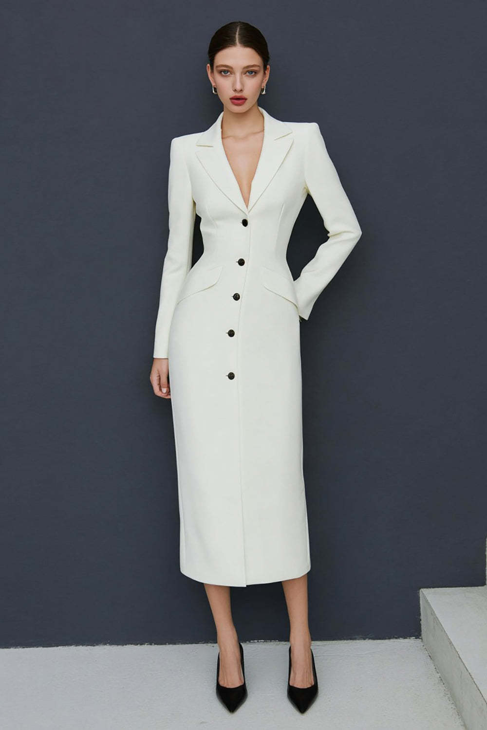 Leely Women Ivory Single Breasted Midi Blazer Dress with Sleeves Bodycon Notched Lapel Work Dress