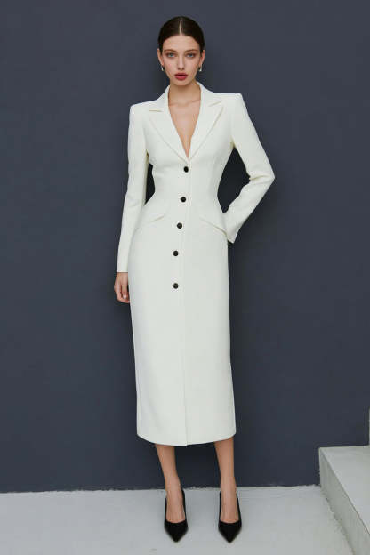 Leely Women Ivory Single Breasted Midi Blazer Dress with Sleeves Bodycon Notched Lapel Work Dress