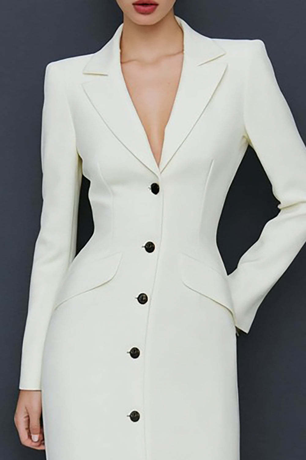 Ivory Notched Lapel Single Breasted Midi Blazer Dress