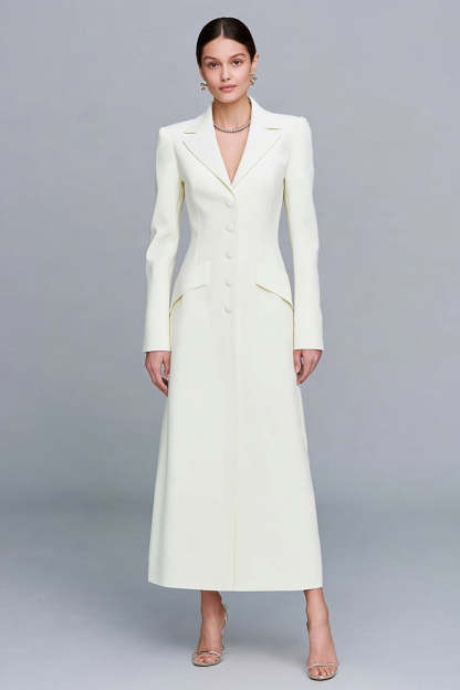 Leely Women Ivory Long Single Breasted Blazer Dress with Sleeves Sheath Notched Lapel Work Dress