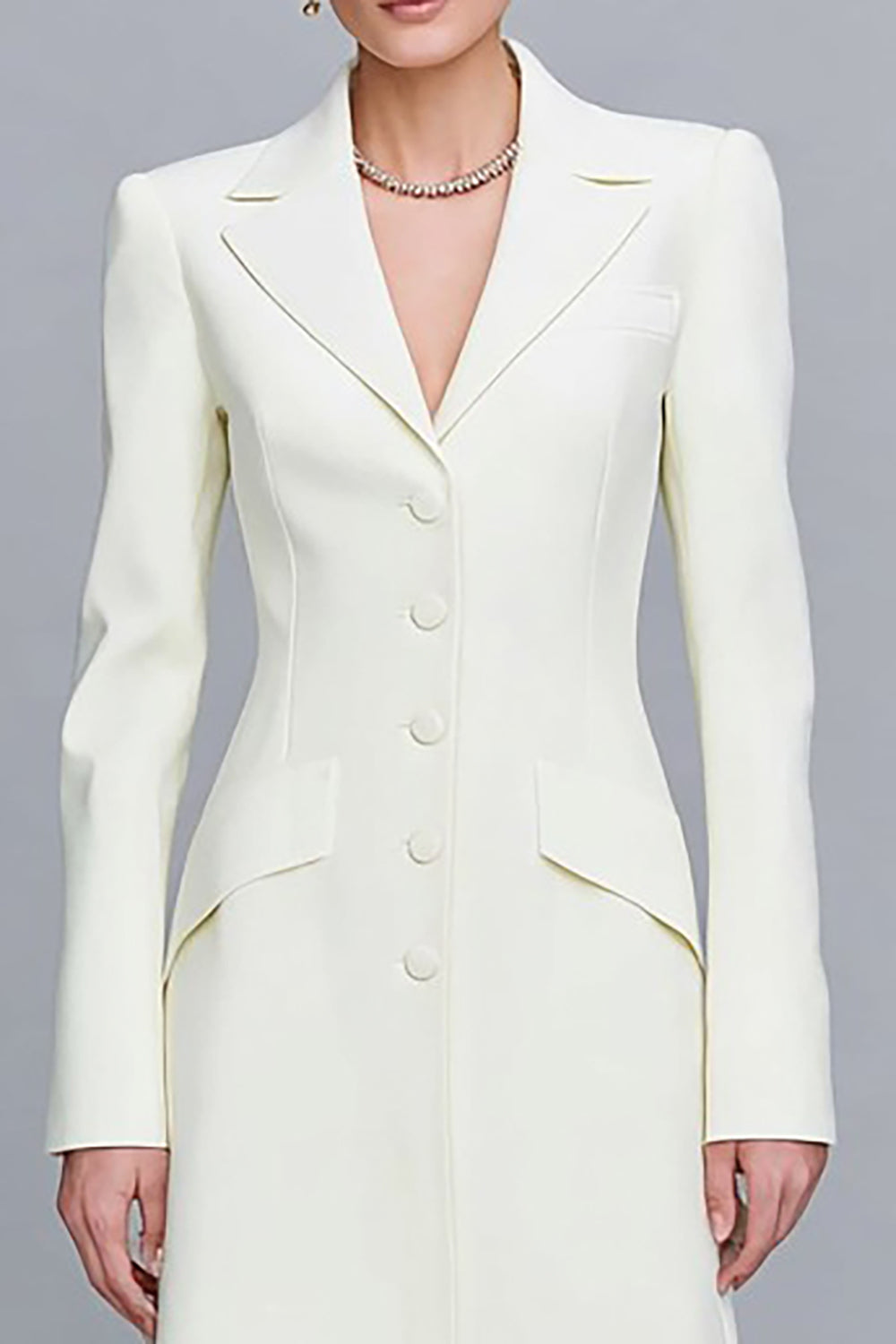 Ivory Single Breasted Notched Lapel Maxi Blazer Dress with Sleeves