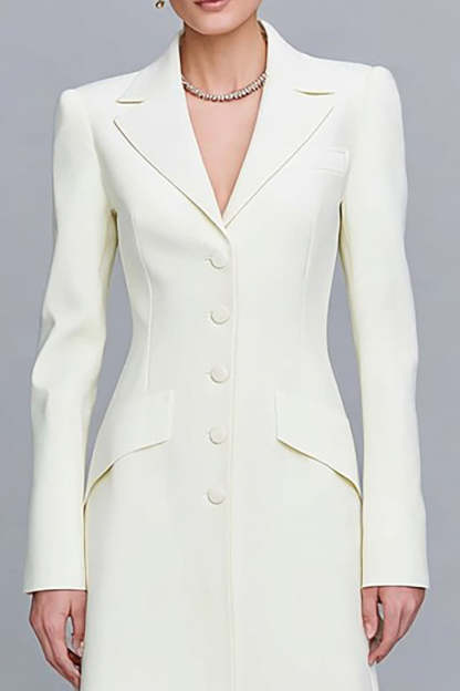 Ivory Single Breasted Notched Lapel Maxi Blazer Dress with Sleeves