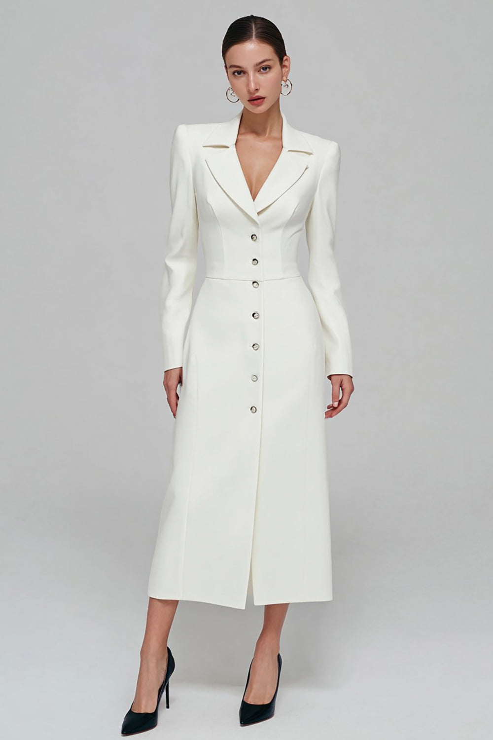 Ivory Single Breasted Long Sheath Blazer Dress with Slit
