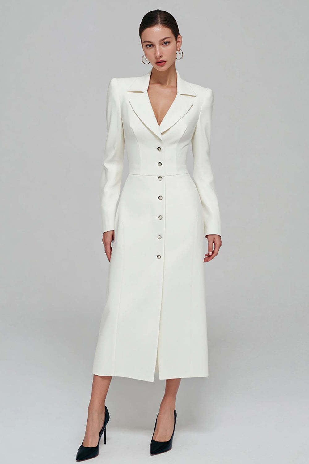 Leely Women Ivory Single Breasted Long Blazer Dress Sheath Notched Lapel Work Dress with Sleeves