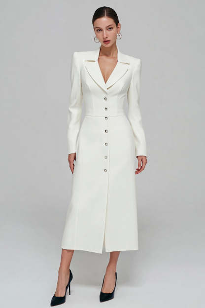 Leely Women Ivory Single Breasted Long Blazer Dress Sheath Notched Lapel Work Dress with Sleeves