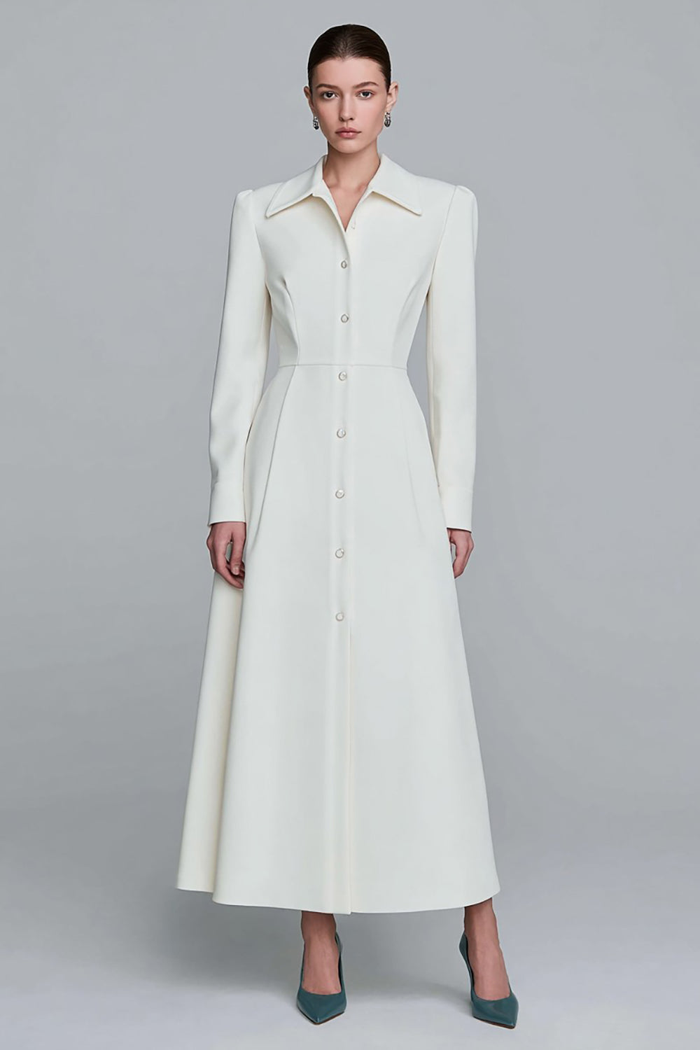 Leely Women Ivory Long Blazer Dress with Sleeves Single Breasted A-Line Collar Neck Work Dress