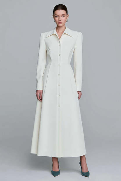 Leely Women Ivory Long Blazer Dress with Sleeves Single Breasted A-Line Collar Neck Work Dress