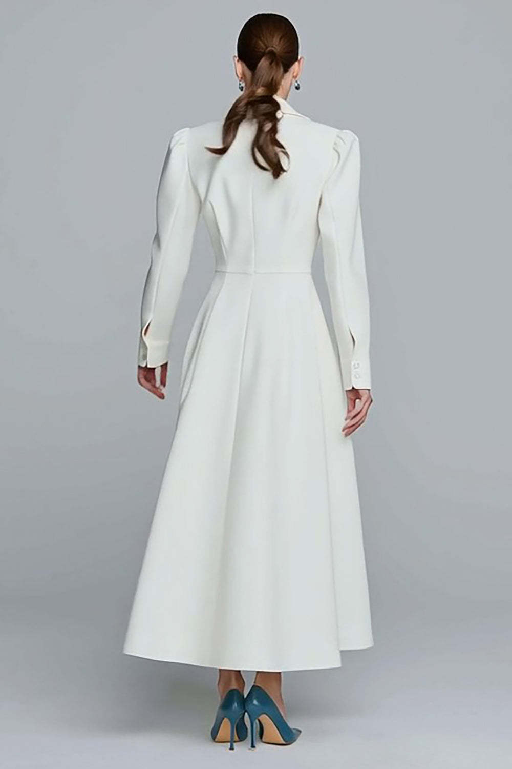 Ivory Single Breasted Long A-Line Blazer Dress with Sleeves