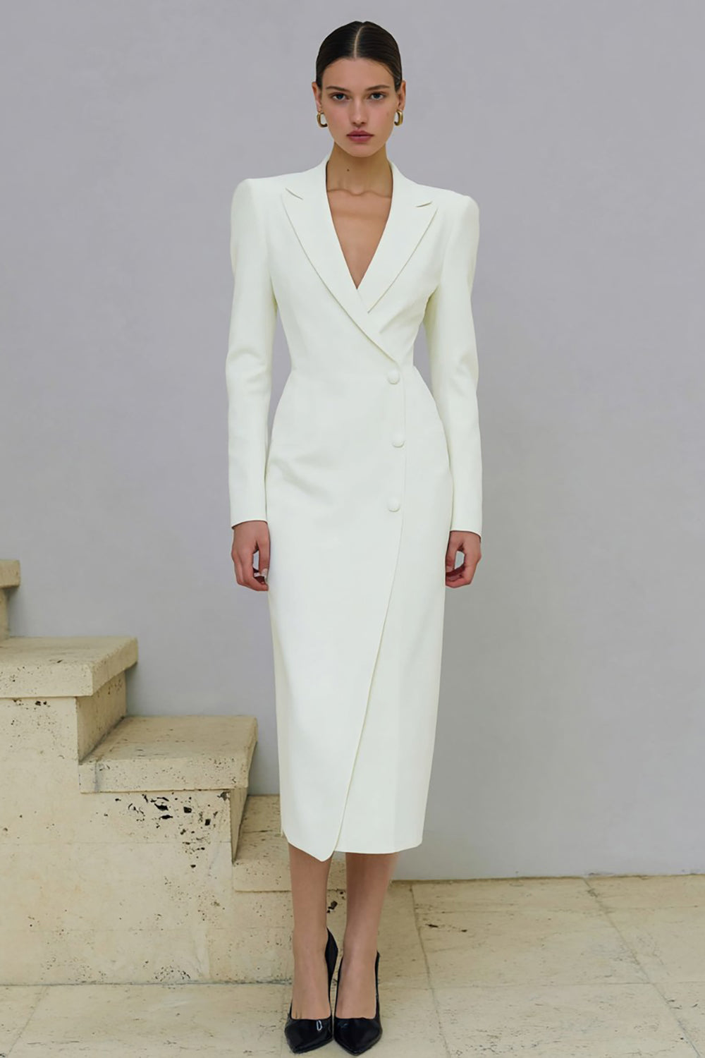 Ivory Single Breasted Midi Pencil Blazer Dress with Sleeves