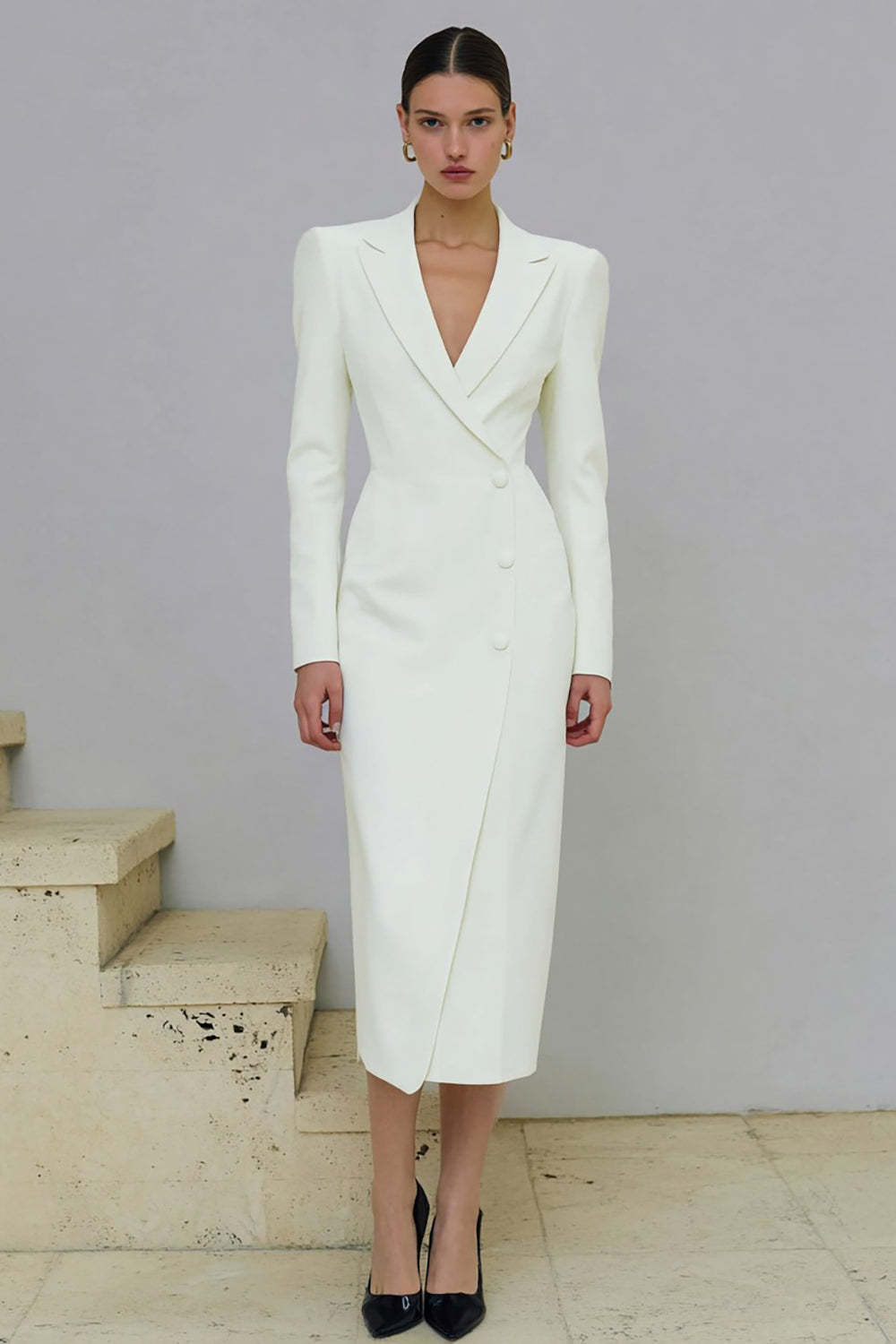 Leely Women Ivory Single Breasted Midi Pencil Blazer Dress Notched Lapel Work Dress with Sleeves