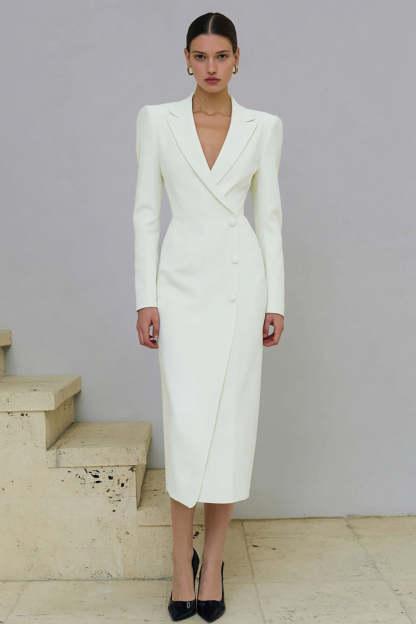 Leely Women Ivory Single Breasted Midi Pencil Blazer Dress Notched Lapel Work Dress with Sleeves