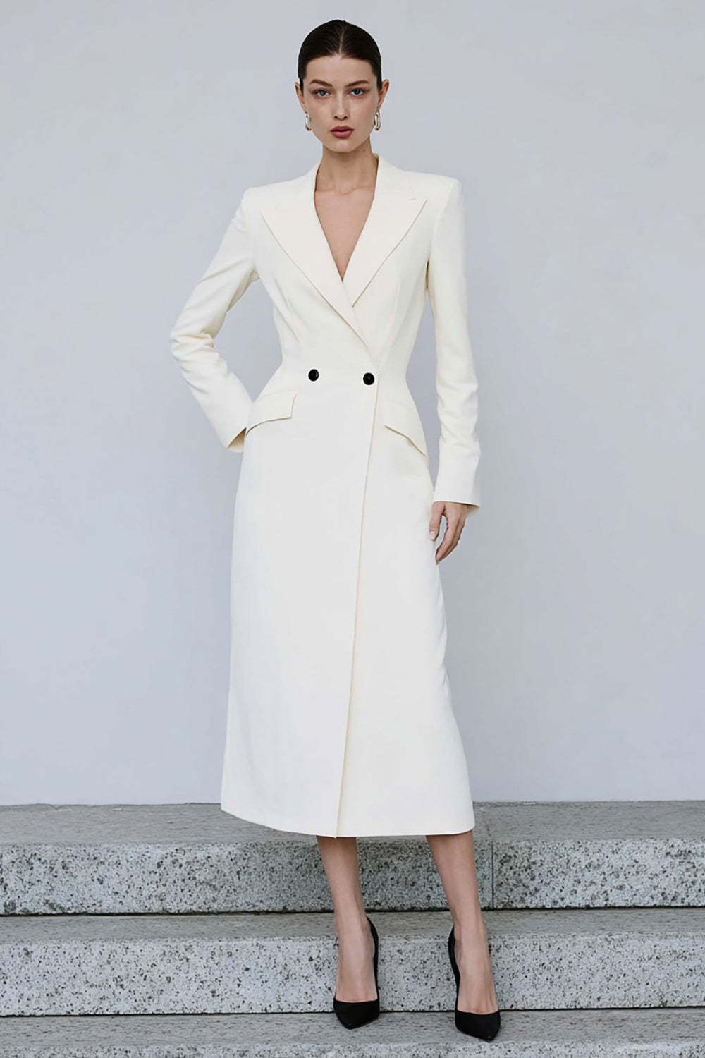 Leely Women Ivory Double Breasted Blazer Dress with Sleeves Peak Lapel Midi Work Dress