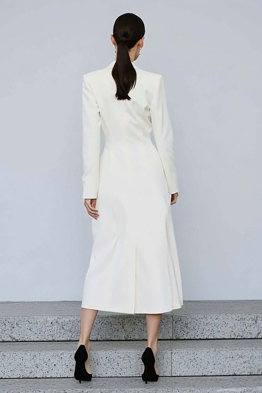 Ivory Peak Lapel Double Breasted Midi Blazer Dress with Sleeves