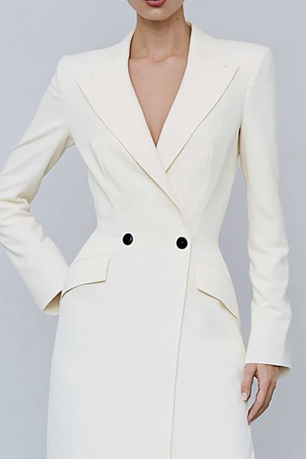 Ivory Peak Lapel Double Breasted Midi Blazer Dress with Sleeves