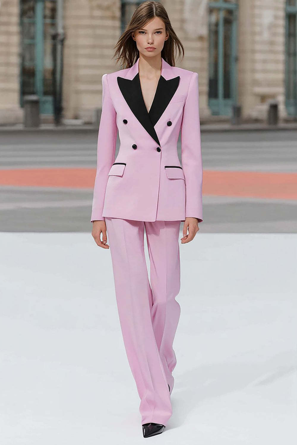 Leely Women Pink Peak Lapel Business Suits 2 Piece Long Sleeves Double Breasted Work Pantsuits