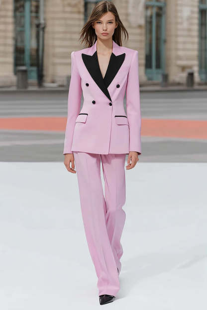 Leely Women Pink Peak Lapel Business Suits 2 Piece Long Sleeves Double Breasted Work Pantsuits